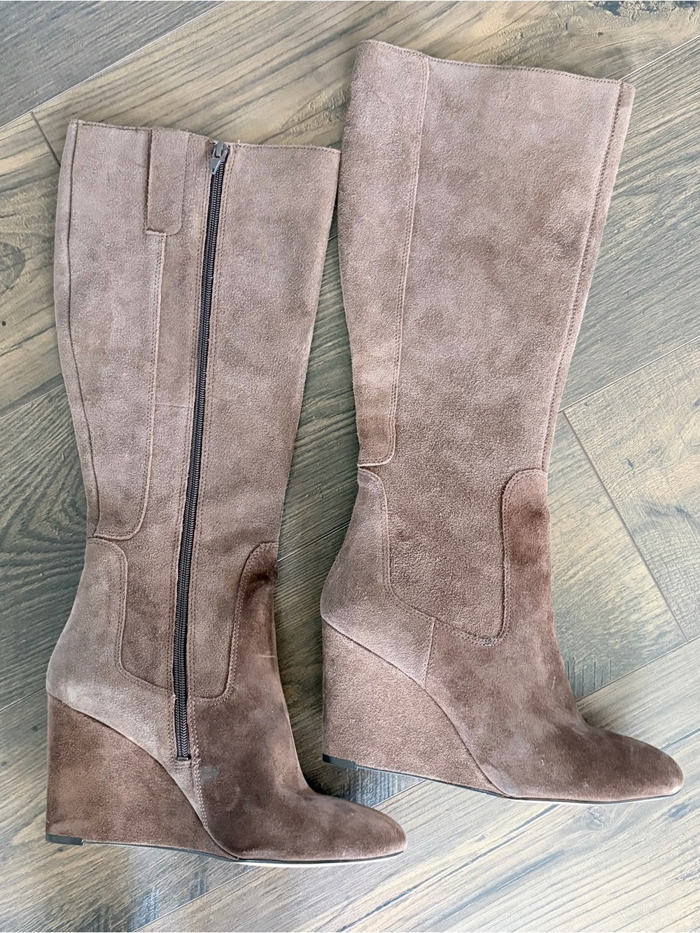 Nine West Heartset Suede Wedge Knee High Boots Taupe Brown Size 11 NWOT